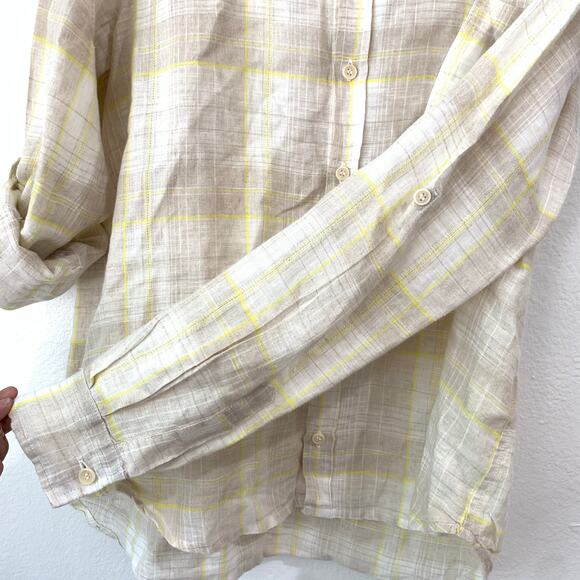 CP SHADES Top 100% Linen Button Front Women Medium Jay Shirt Roll Tab Soft Plaid - Picture 6 of 11